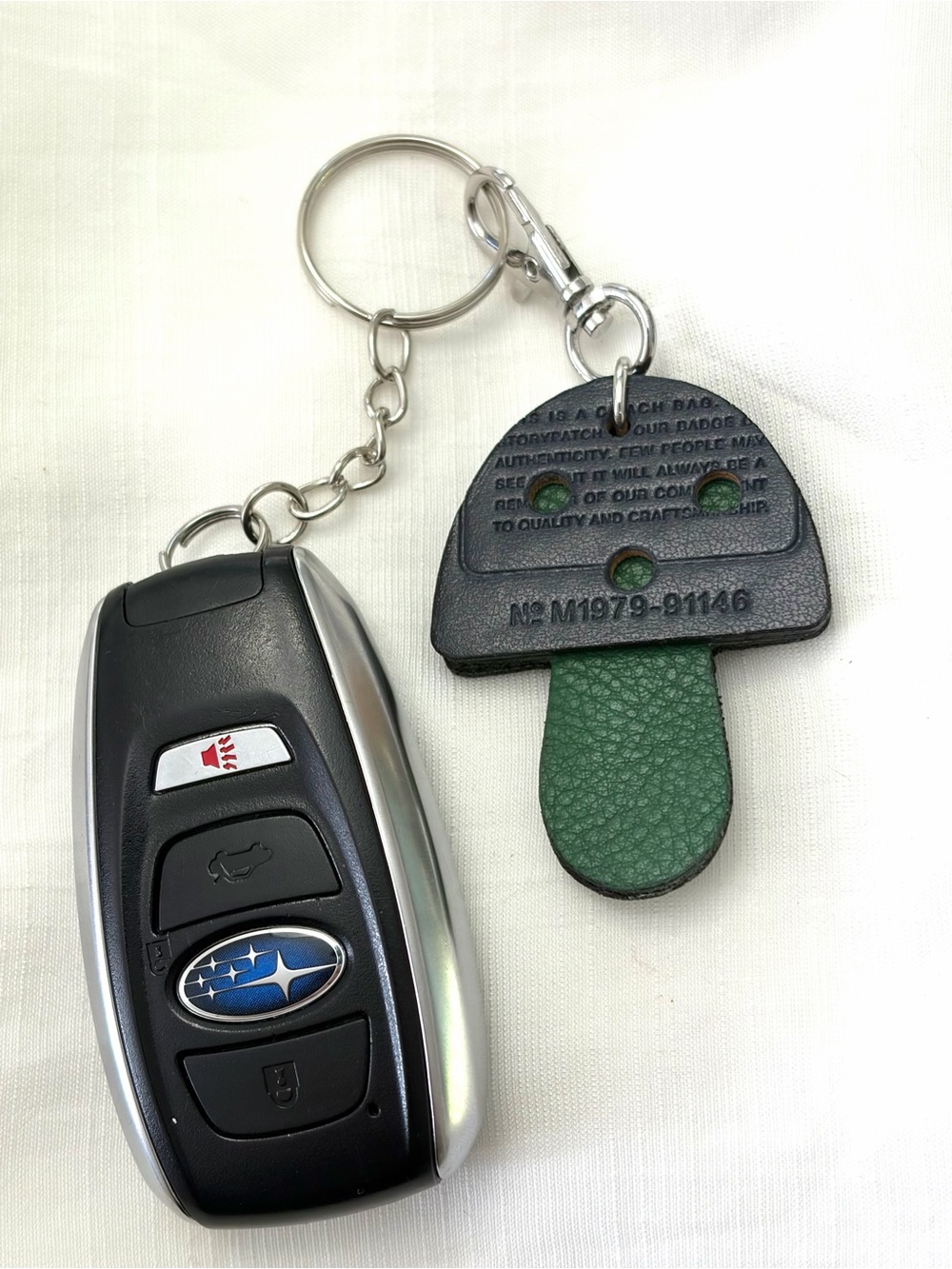 Upcycled COACH Green and Navy Mushroom Leather Key Tag